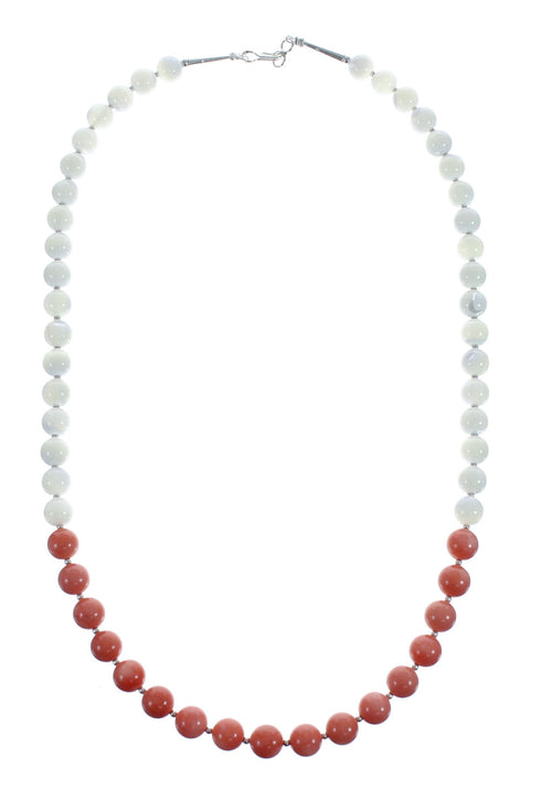 Sterling Silver Pink Coral and Mother of Pearl Bead Necklace JX127011